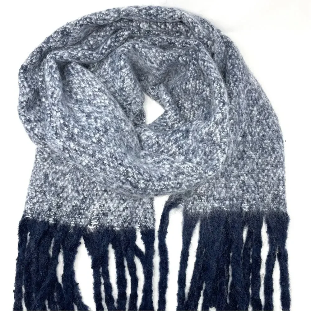 Renne's NYC Women's Soft Plush Scarf in Navy & White Rectangle Scarf w/ Fringe